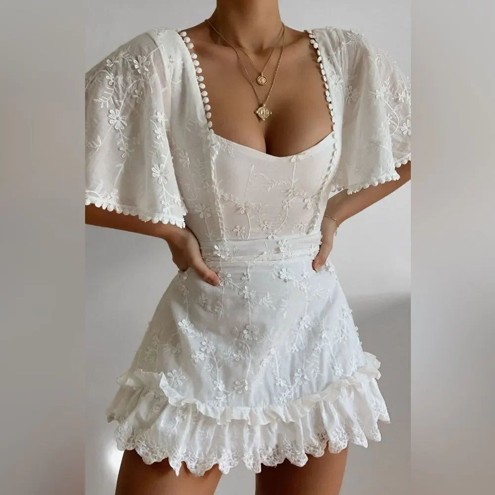 Revolve Showpo. FANCY A SPRITZ White Embroidered Flutter Sleeve Mini Dress